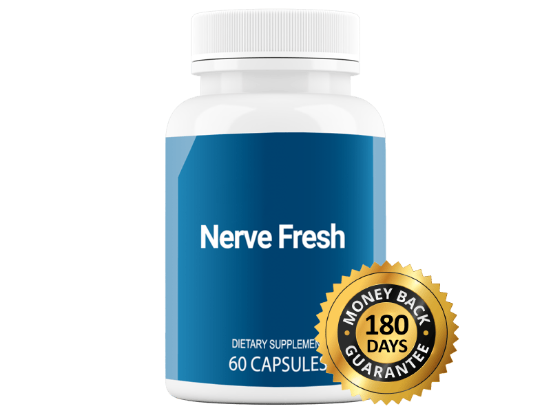 Nerve Fresh dietary supplement bottle, 60 capsules, shown with a 180-day money-back guarantee badge