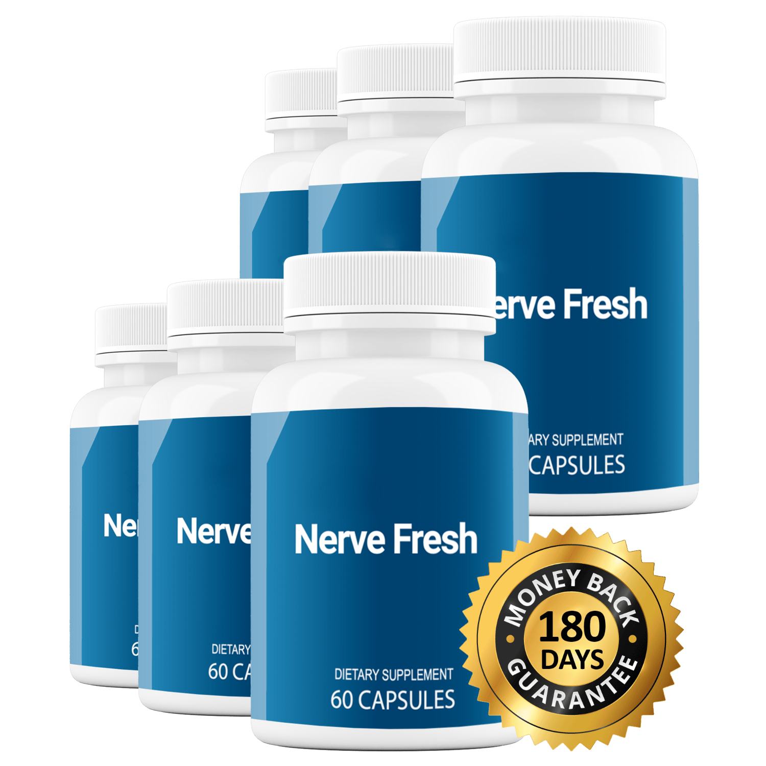 Promotional image of a six-bottle Nerve Fresh package with a 180-day money-back guarantee seal