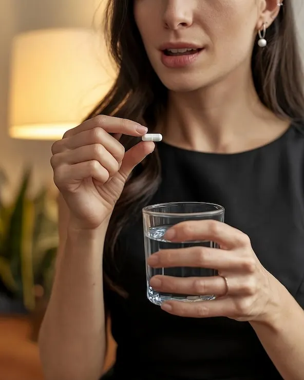 A woman holding a single capsule in one hand and a glass of water in the other